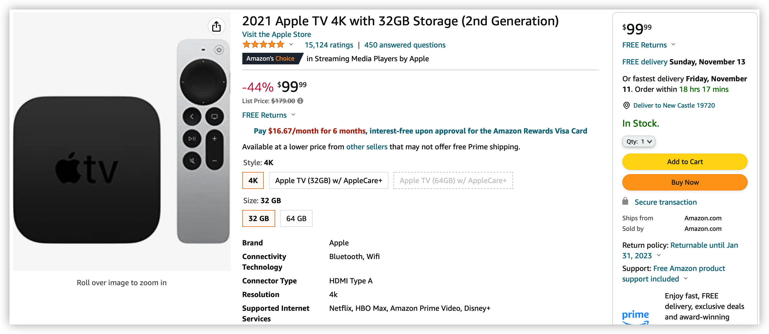 Apple TV 4K 2세대 $99.99